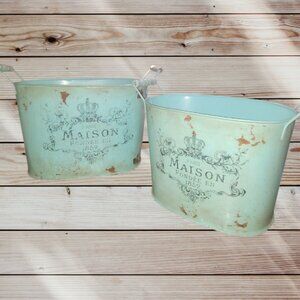 Set of 2 - Nesting French Farmhouse Blue Decorative Storage Buckets - Distressed